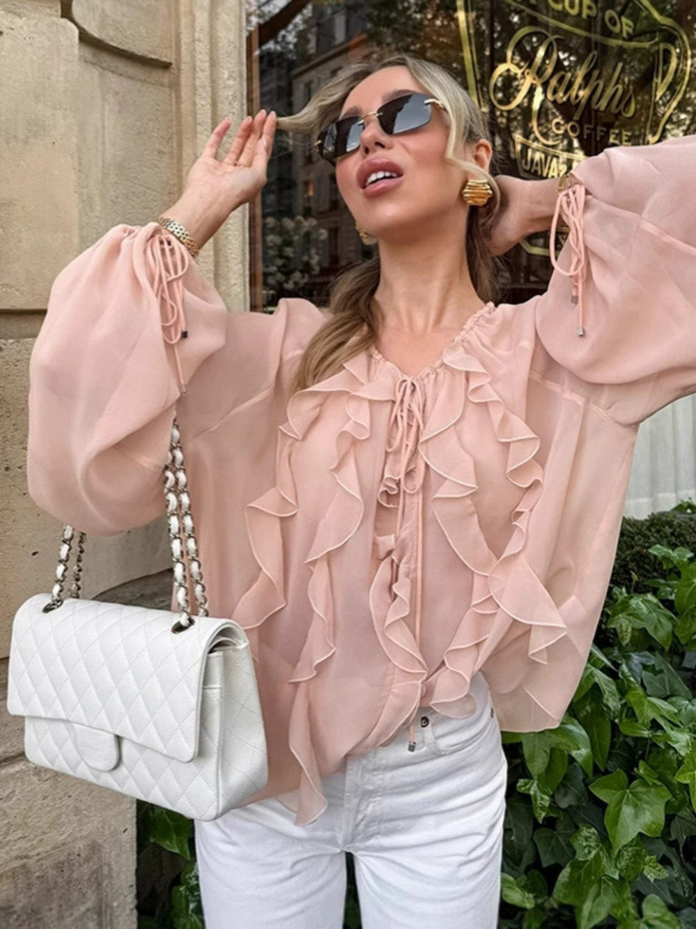 Forever 21 Pink Ruffle Chiffon Blouse Fall Long Sleeve Tie Collar